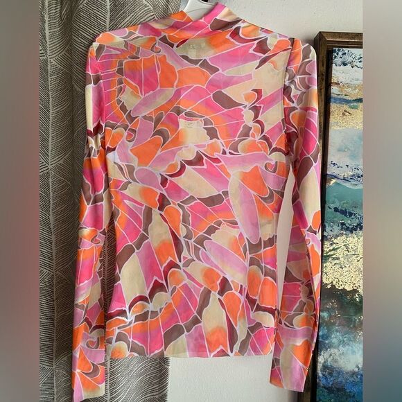 AFRM Zoe Mock Neck Mesh Top Pink Sheer Abstract Womens Size S/P - Picture 4 of 12